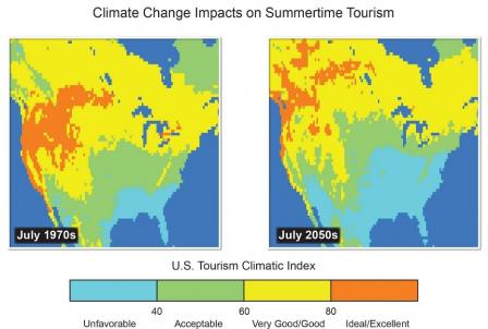 Climate Change and Tourism: Map displaying increasing 'Unfavorible' US Summer Tourism Climatic Index across the southeast US, and decreasing 'Ideal/Excellent' US Summer Tourism Climatic Index across the northwest US.