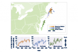 Map and line graphs showing the average locations of three fish and shellfish species in the Northeast from 1968 to 2015.
